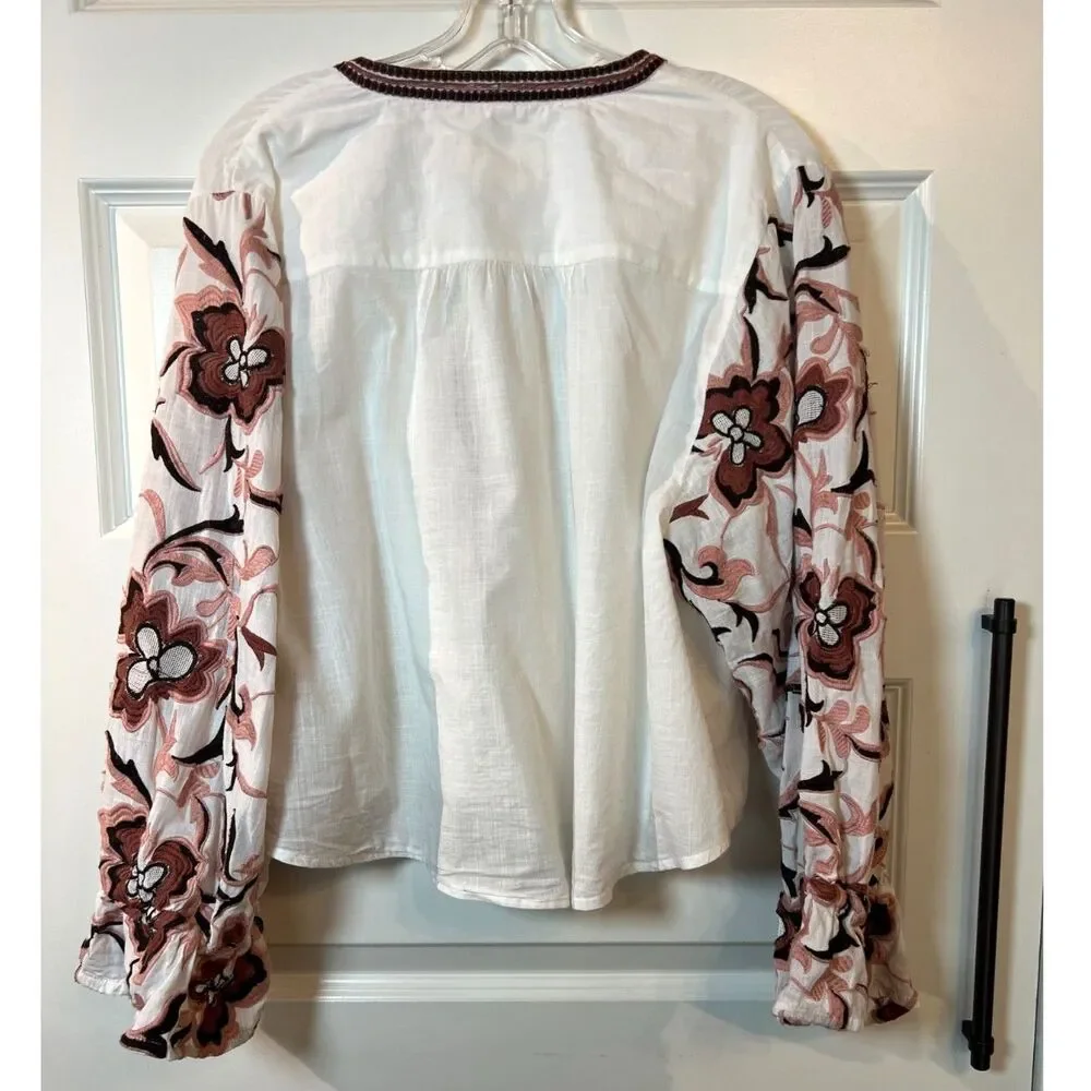 Anthropologie LP Embroidered Floral Balloon Sleeve Boho Blouse White Pink